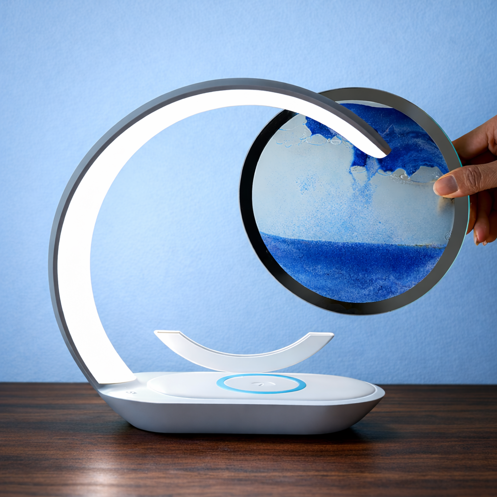 3-in-1 Quicksand Calm Lamp (Night Light + Wireless Charger + Stress Reliever).