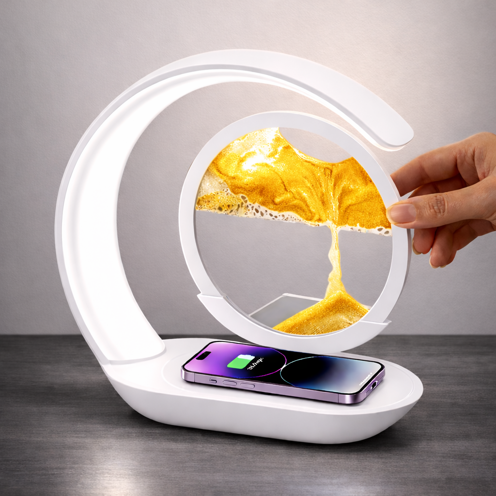 3-in-1 Quicksand Calm Lamp (Night Light + Wireless Charger + Stress Reliever).