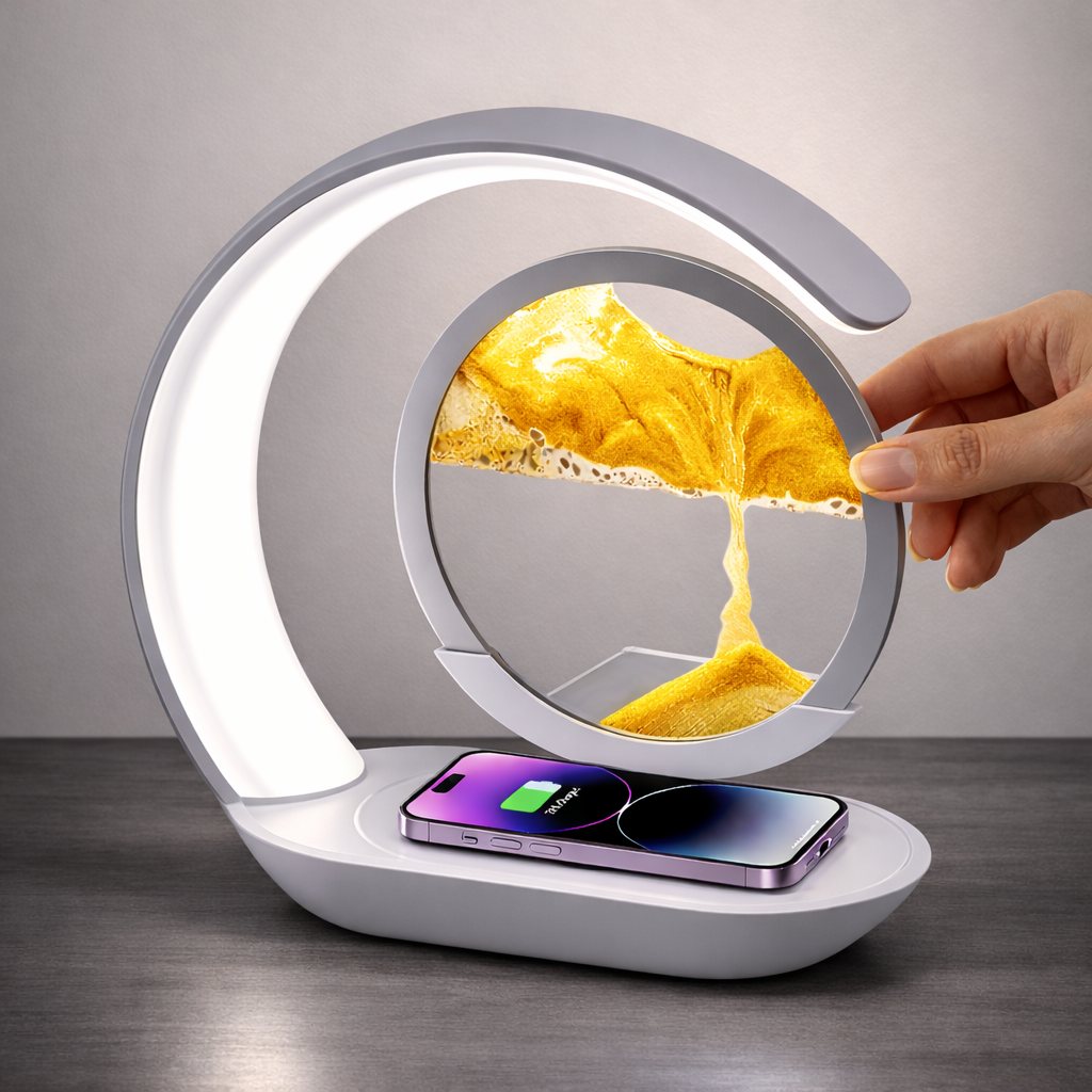 3-in-1 Quicksand Calm Lamp (Night Light + Wireless Charger + Stress Reliever).